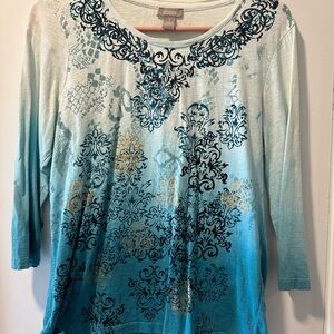 Chico's Teal and White Patterned 3/4 Sleeve Top